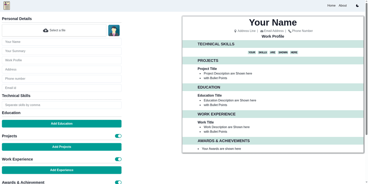 Reactjs Resume Builder website Preview